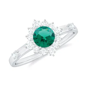 1 CT Round Created Emerald Classic Halo Engagement Ring with Diamond