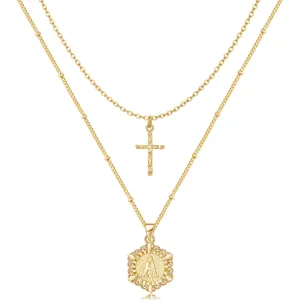 14K Gold Layered Initial Letter Pendant Cross Choker Necklace- Hexagon