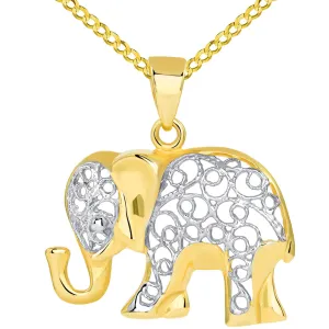 14k Yellow Gold Elegant Filigree Two Tone Elephant Pendant with Cuban Chain Necklace