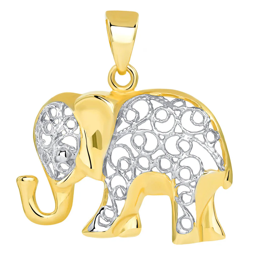 14k Yellow Gold Elegant Filigree Two Tone Elephant Pendant with Figaro Chain Necklace