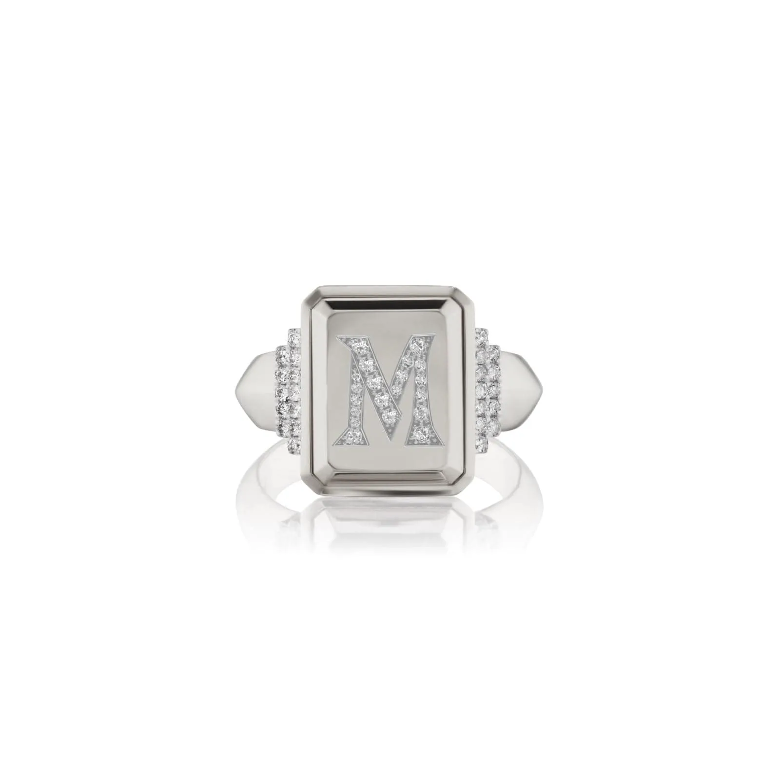 18K White Gold Pave Initial M Signet Ring