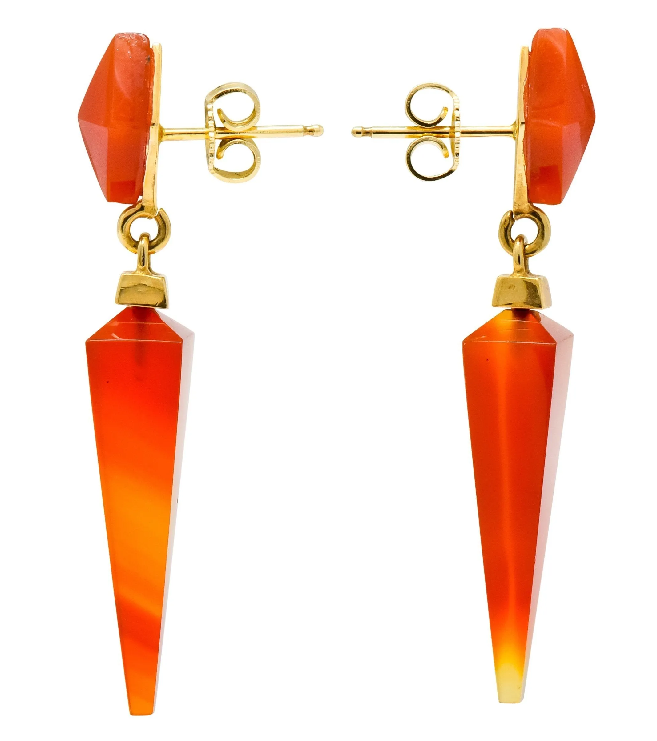 1980's Vintage Carnelian 14 Karat Gold Pyramidal Drop Earrings