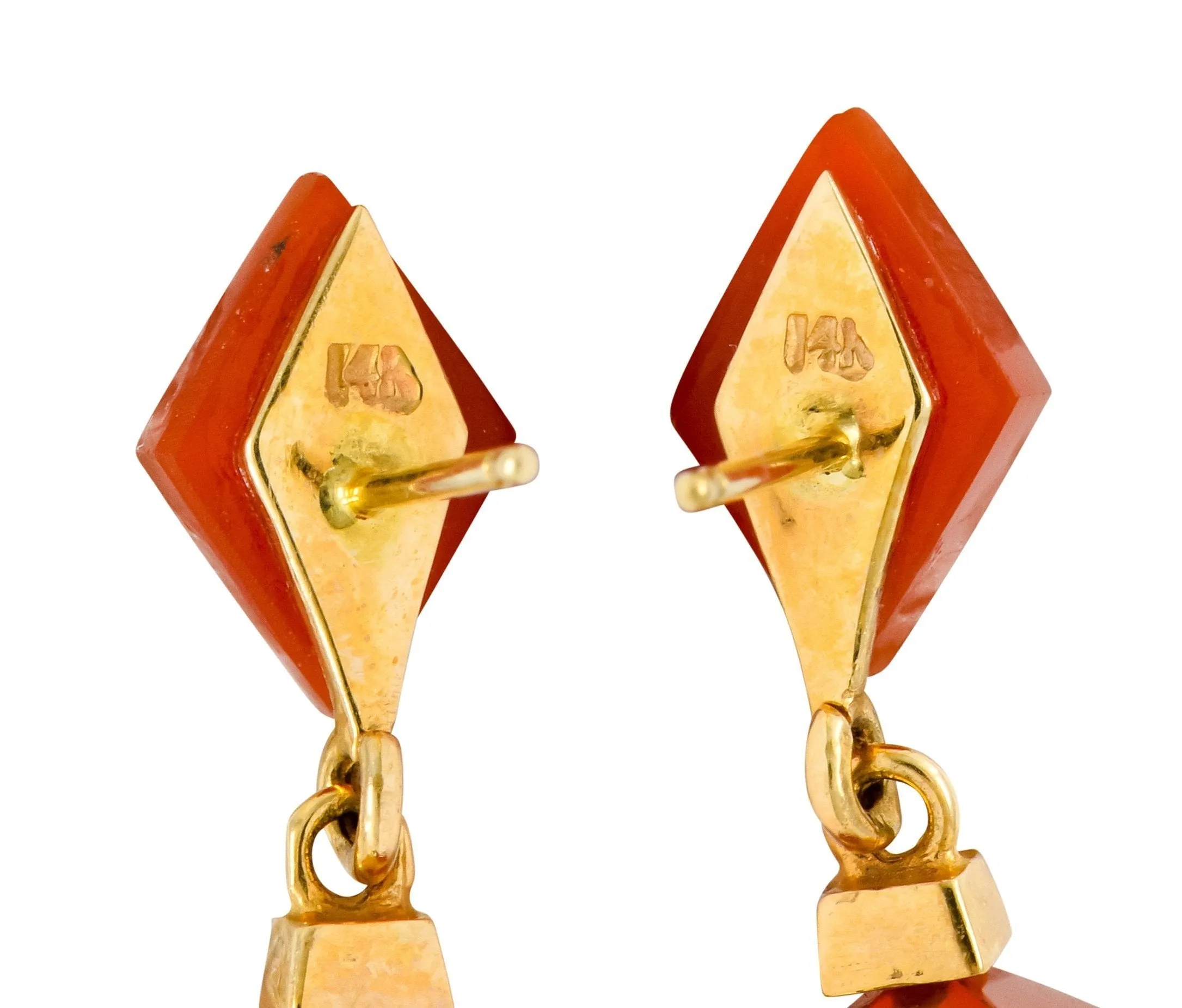 1980's Vintage Carnelian 14 Karat Gold Pyramidal Drop Earrings