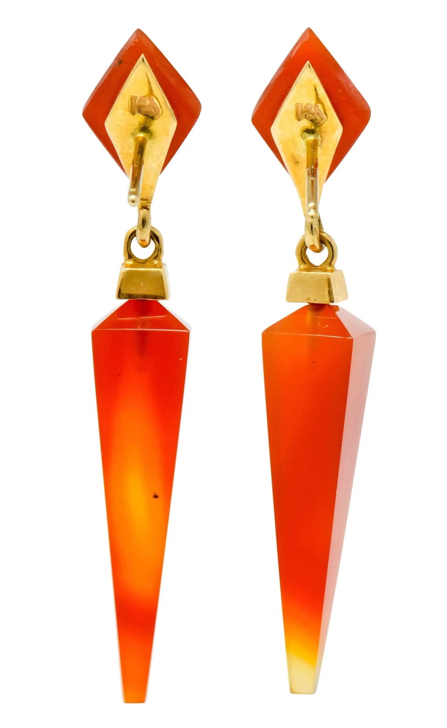 1980's Vintage Carnelian 14 Karat Gold Pyramidal Drop Earrings