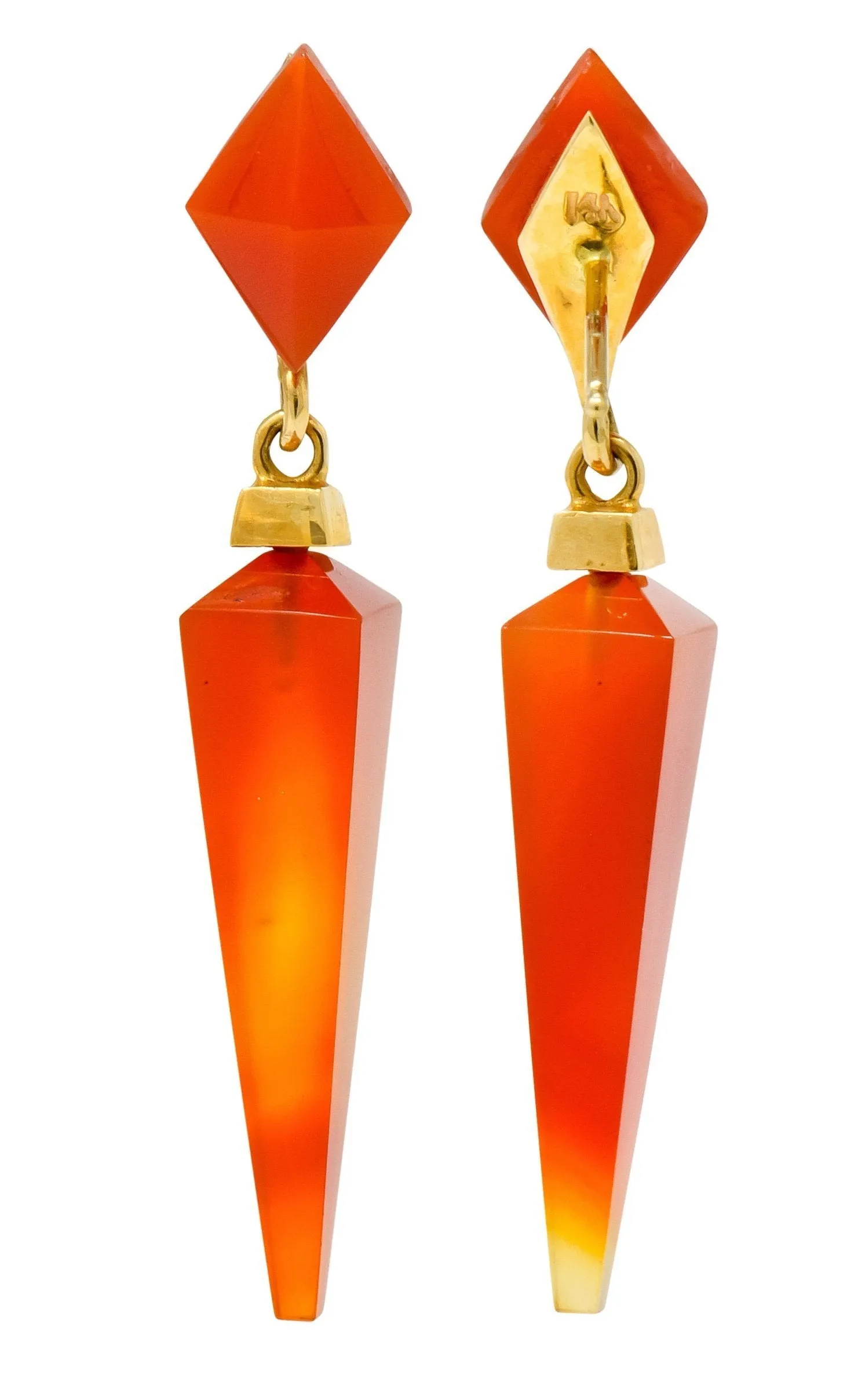 1980's Vintage Carnelian 14 Karat Gold Pyramidal Drop Earrings