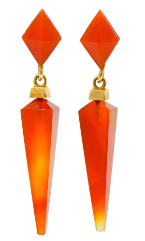 1980's Vintage Carnelian 14 Karat Gold Pyramidal Drop Earrings