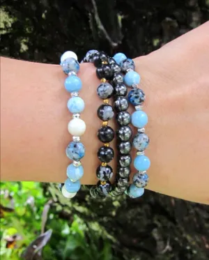 2 piece set - Larimar, Snowflake Obsidian, Hematite Bracelet - Throat and Third Eye Chakra