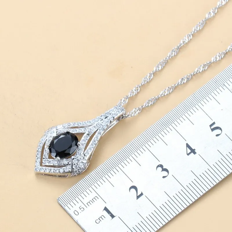 2022 New Trendy Jewelry Sets For Women 925 Mark Black Cubic Zirconia Dangle Earrings And Ring Necklace Sets Female Costume