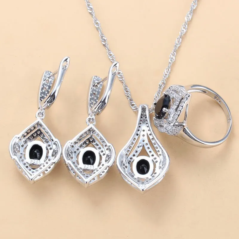 2022 New Trendy Jewelry Sets For Women 925 Mark Black Cubic Zirconia Dangle Earrings And Ring Necklace Sets Female Costume