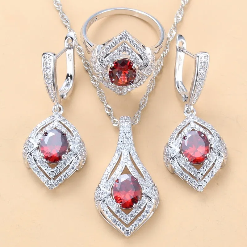 2022 New Trendy Jewelry Sets For Women 925 Mark Black Cubic Zirconia Dangle Earrings And Ring Necklace Sets Female Costume