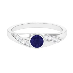 3/4 CT Bezel Set Blue Sapphire Classic Engagement Ring with Diamond