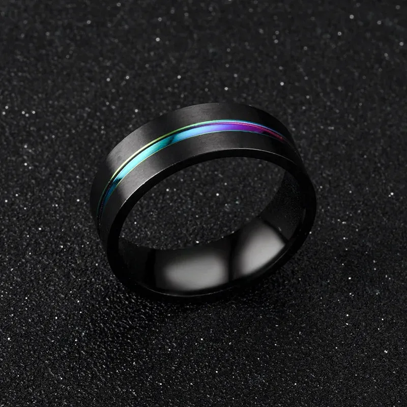 8MM Black Titanium Ring for Men Boys Simple Stainless steel Rings Trendy Rainbow Groove Rings Jewelry Accessories Gifts