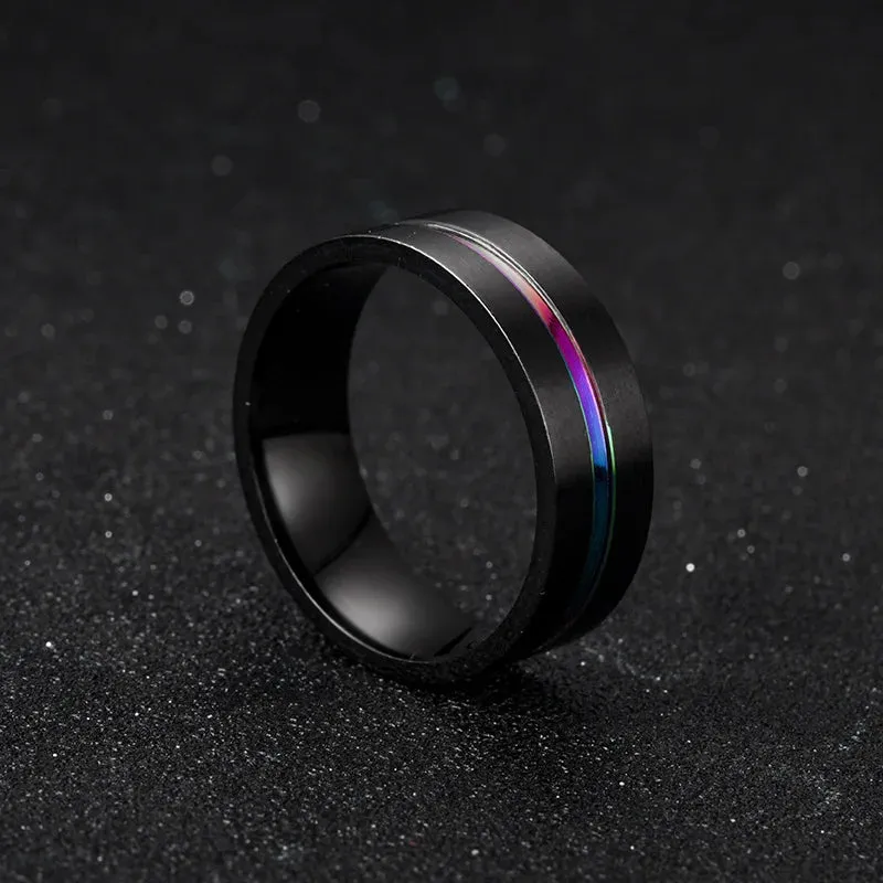 8MM Black Titanium Ring for Men Boys Simple Stainless steel Rings Trendy Rainbow Groove Rings Jewelry Accessories Gifts