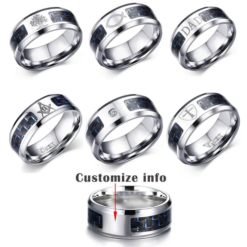 8mm Personalize Carbon Fiber Ring For Man Engraved Tree Of Life Stainless Steel Male Alliance Casual Customize Jewelry