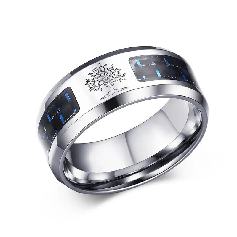 8mm Personalize Carbon Fiber Ring For Man Engraved Tree Of Life Stainless Steel Male Alliance Casual Customize Jewelry