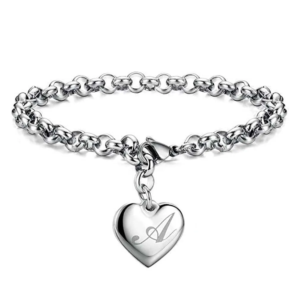 925 Sterling Silver A-Z Letter Heart Charm Bracelets