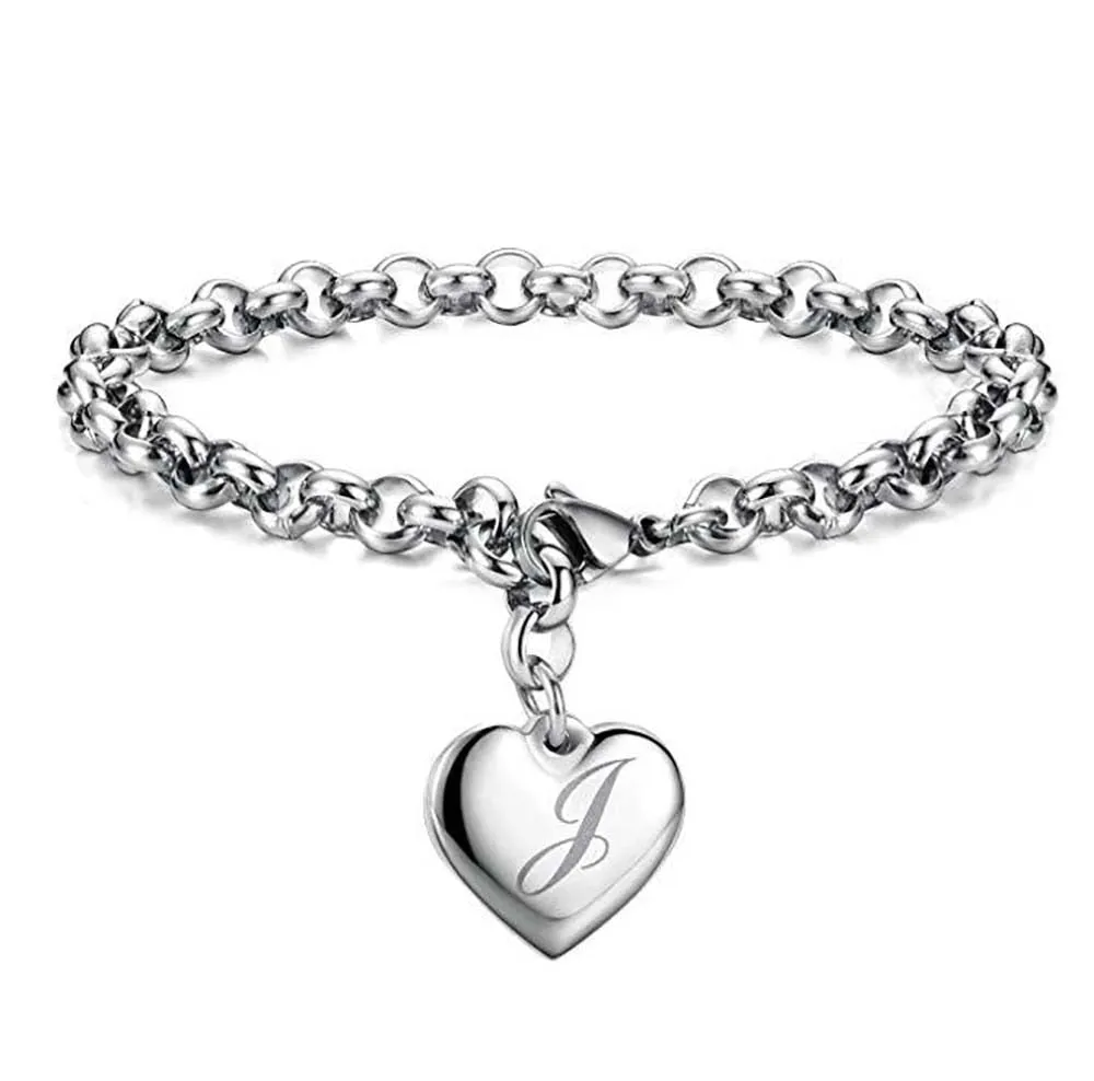 925 Sterling Silver A-Z Letter Heart Charm Bracelets