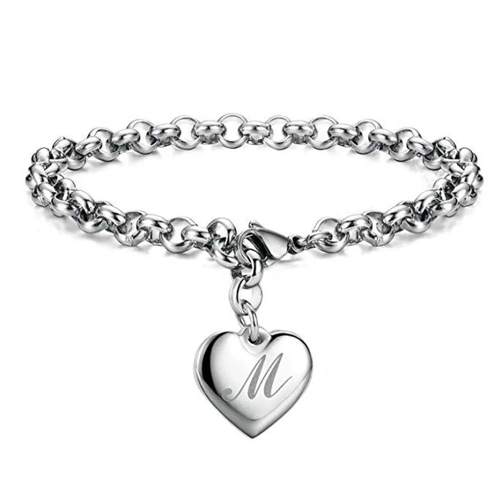 925 Sterling Silver A-Z Letter Heart Charm Bracelets