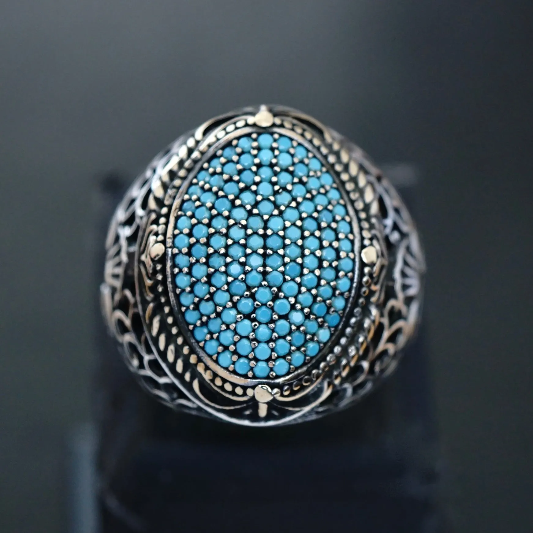 925 Sterling Silver Men's Ring micro setting Turquoise pave signet Turkish Jewelry