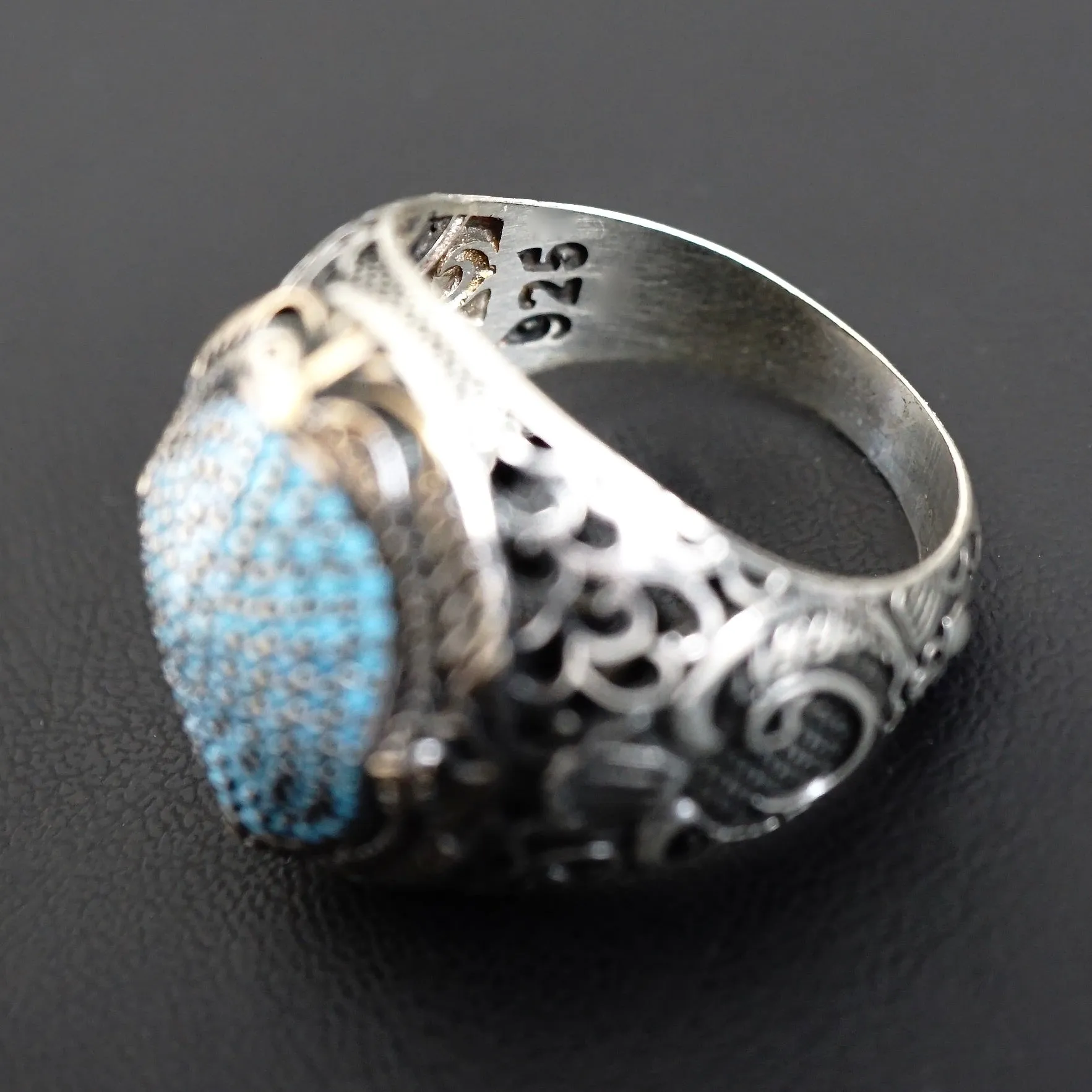 925 Sterling Silver Men's Ring micro setting Turquoise pave signet Turkish Jewelry