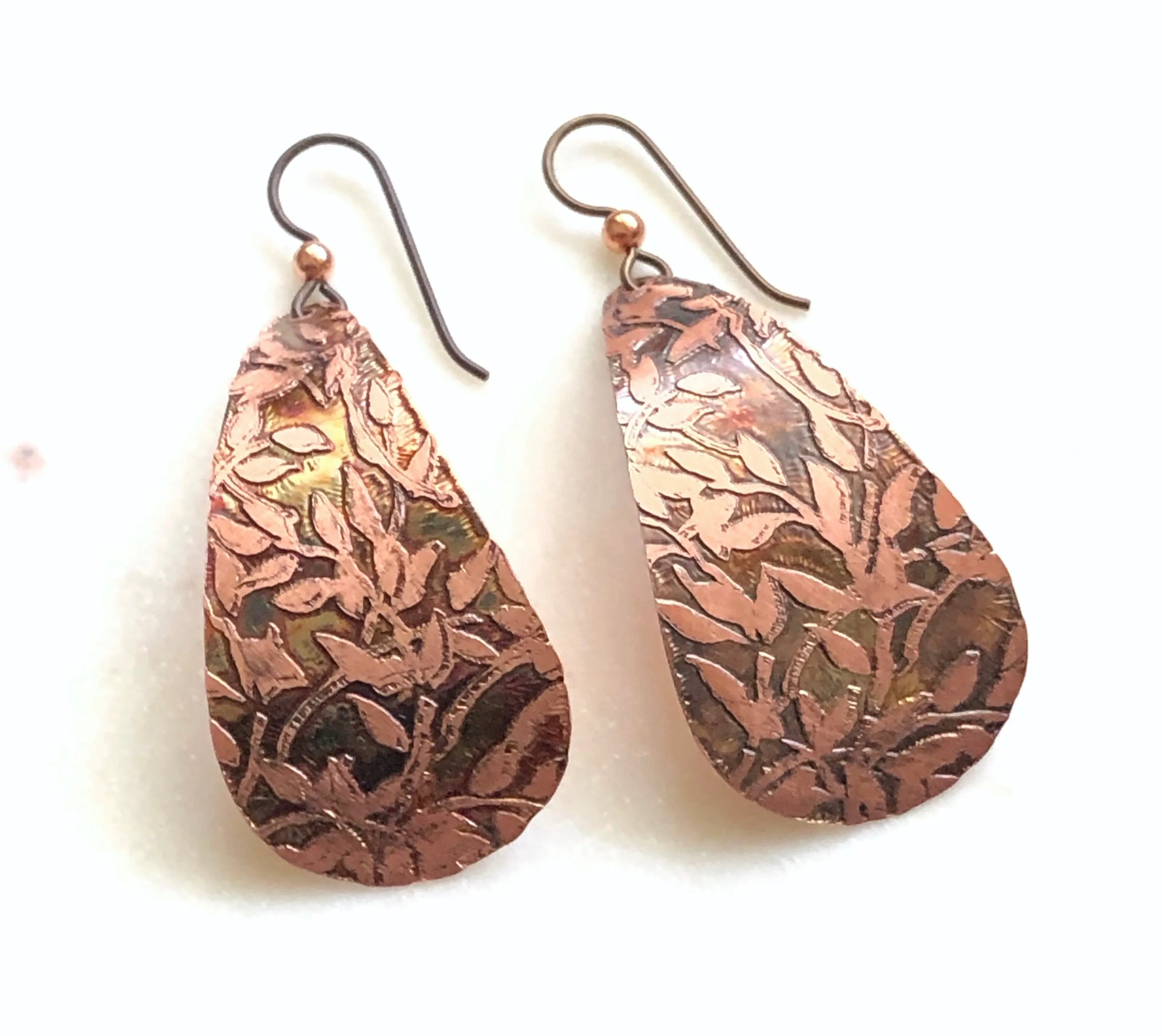 Acid etched copper large teardrop earrings