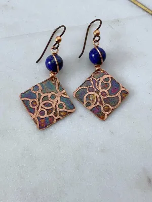 Acid etched copper open dot earrings with lapis