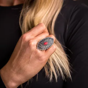 Adjustable Oval Concho Ring with Red Accent