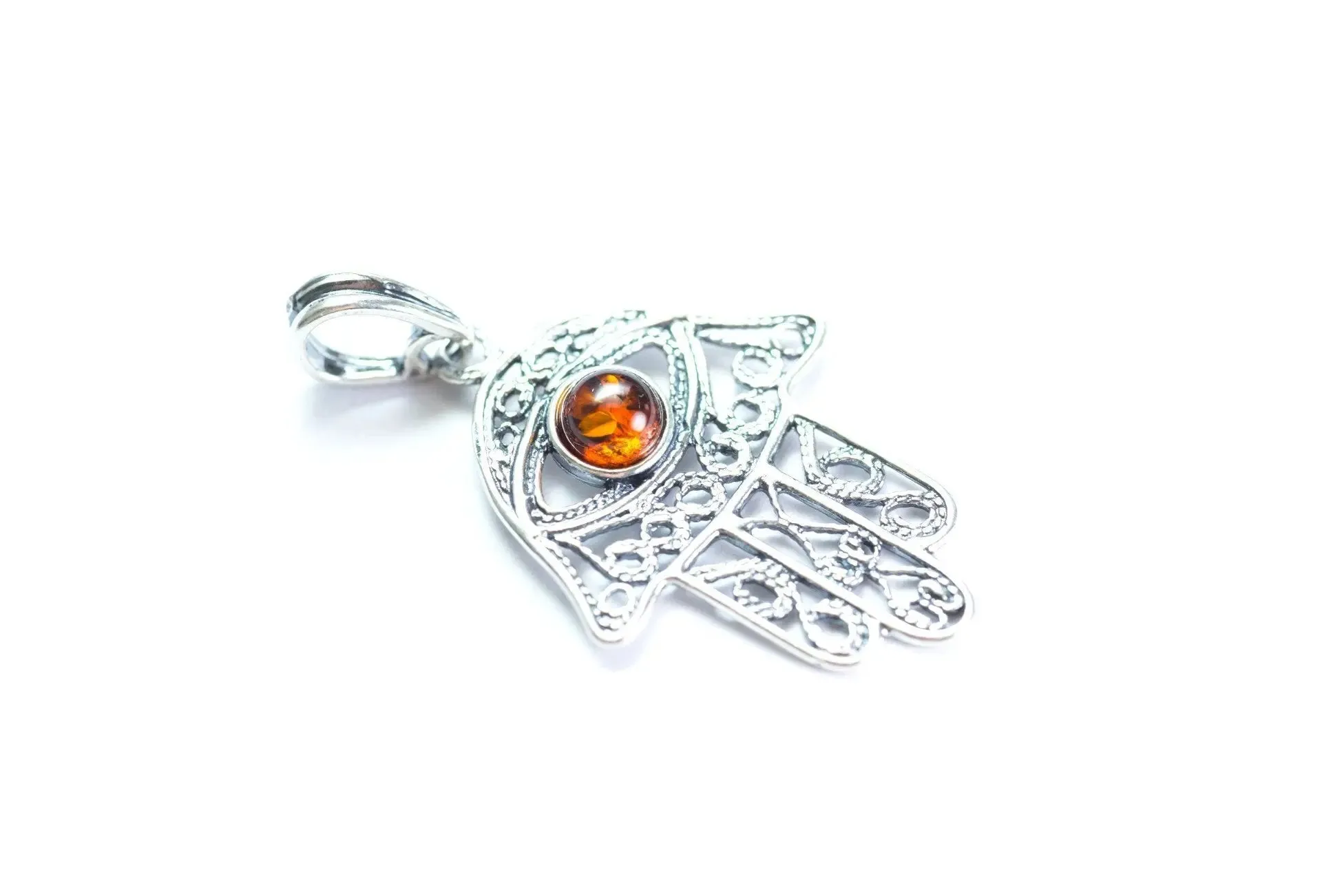 Ajoure Hamsa Pendant - Sterling Silver Charm Pendant with Amber Centerpiece