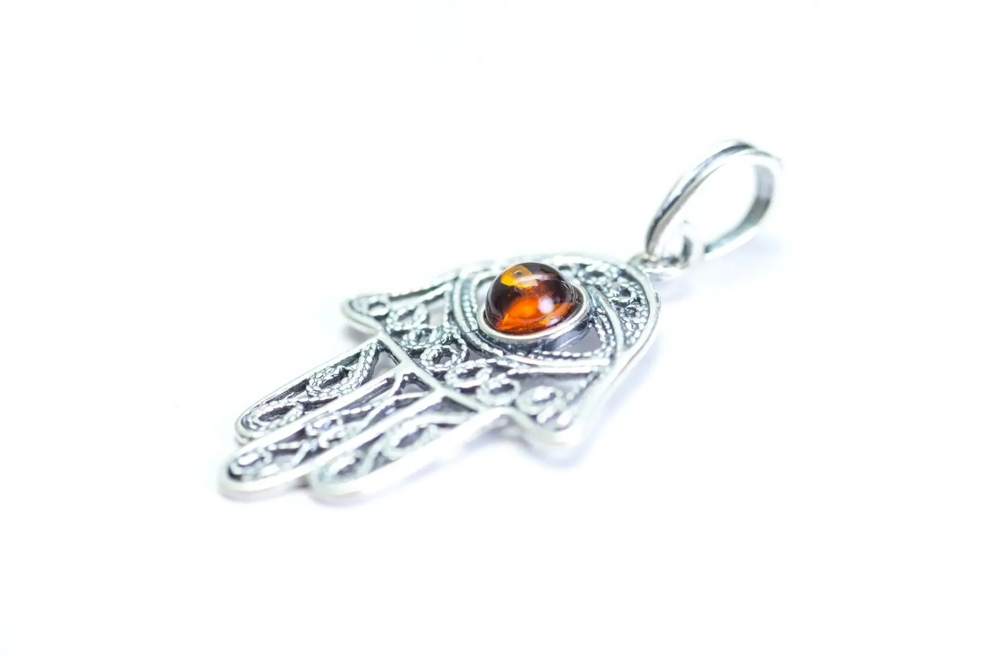 Ajoure Hamsa Pendant - Sterling Silver Charm Pendant with Amber Centerpiece