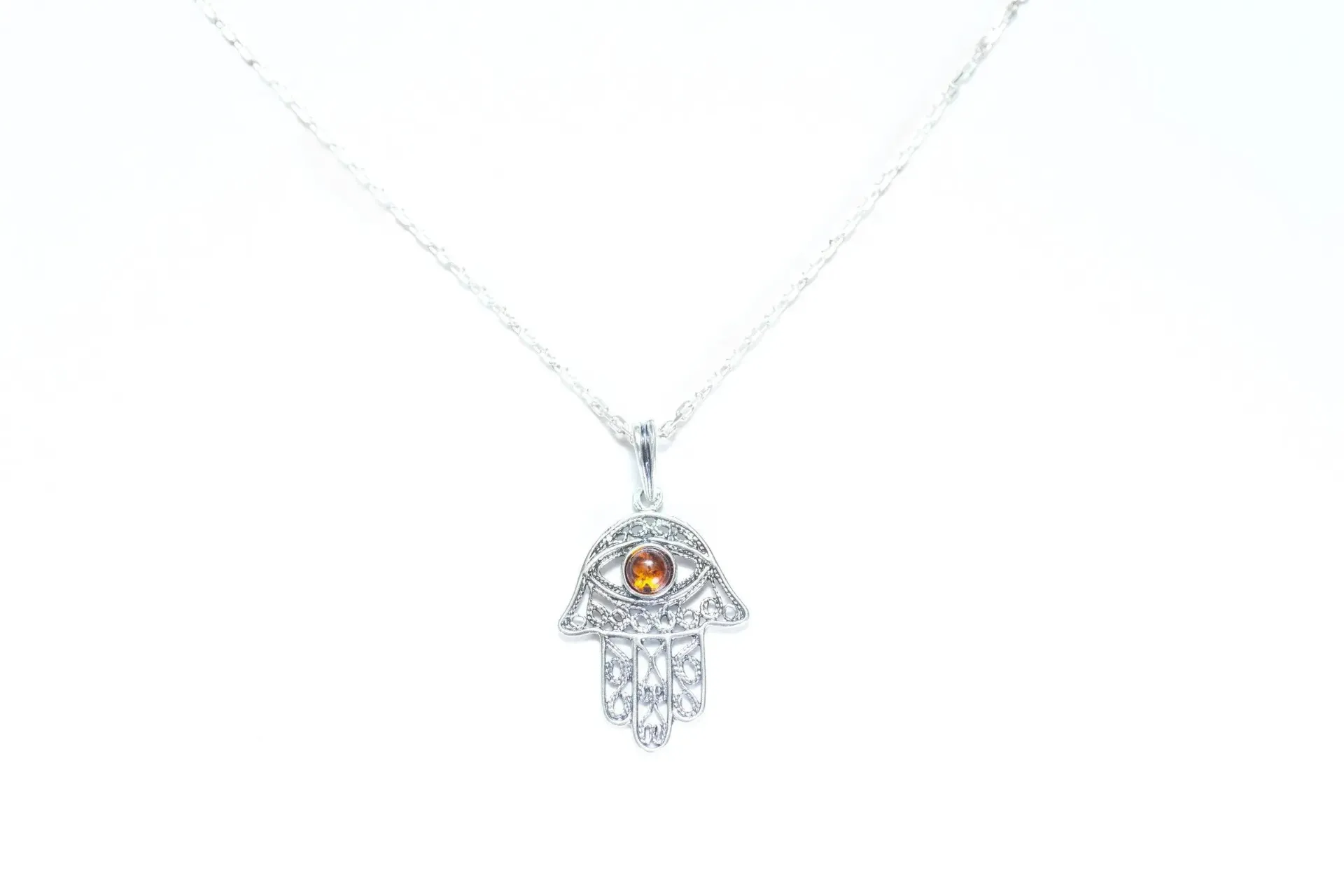 Ajoure Hamsa Pendant - Sterling Silver Charm Pendant with Amber Centerpiece