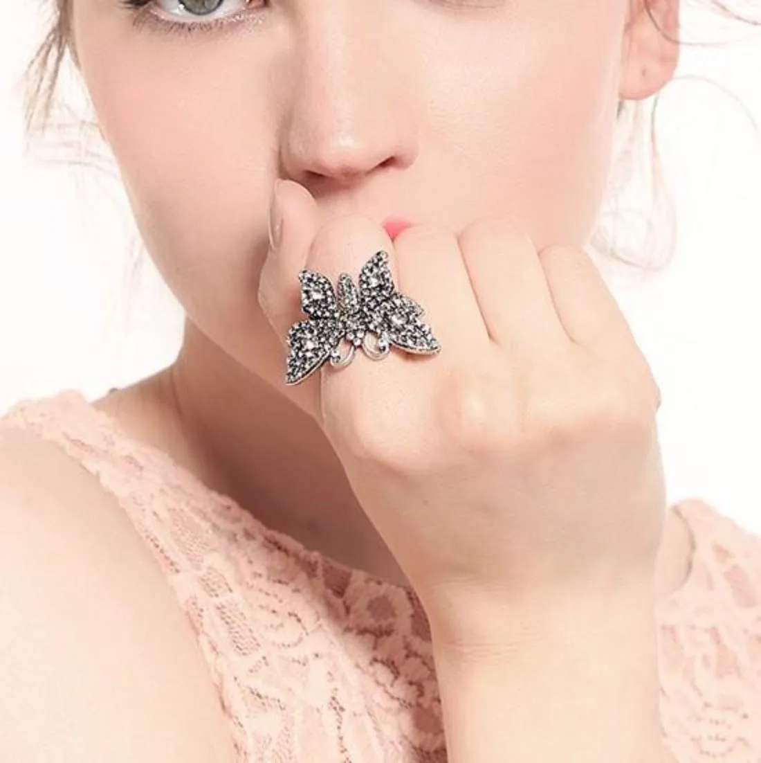 Antique Silver Crystals Butterfly Party Statement Ring