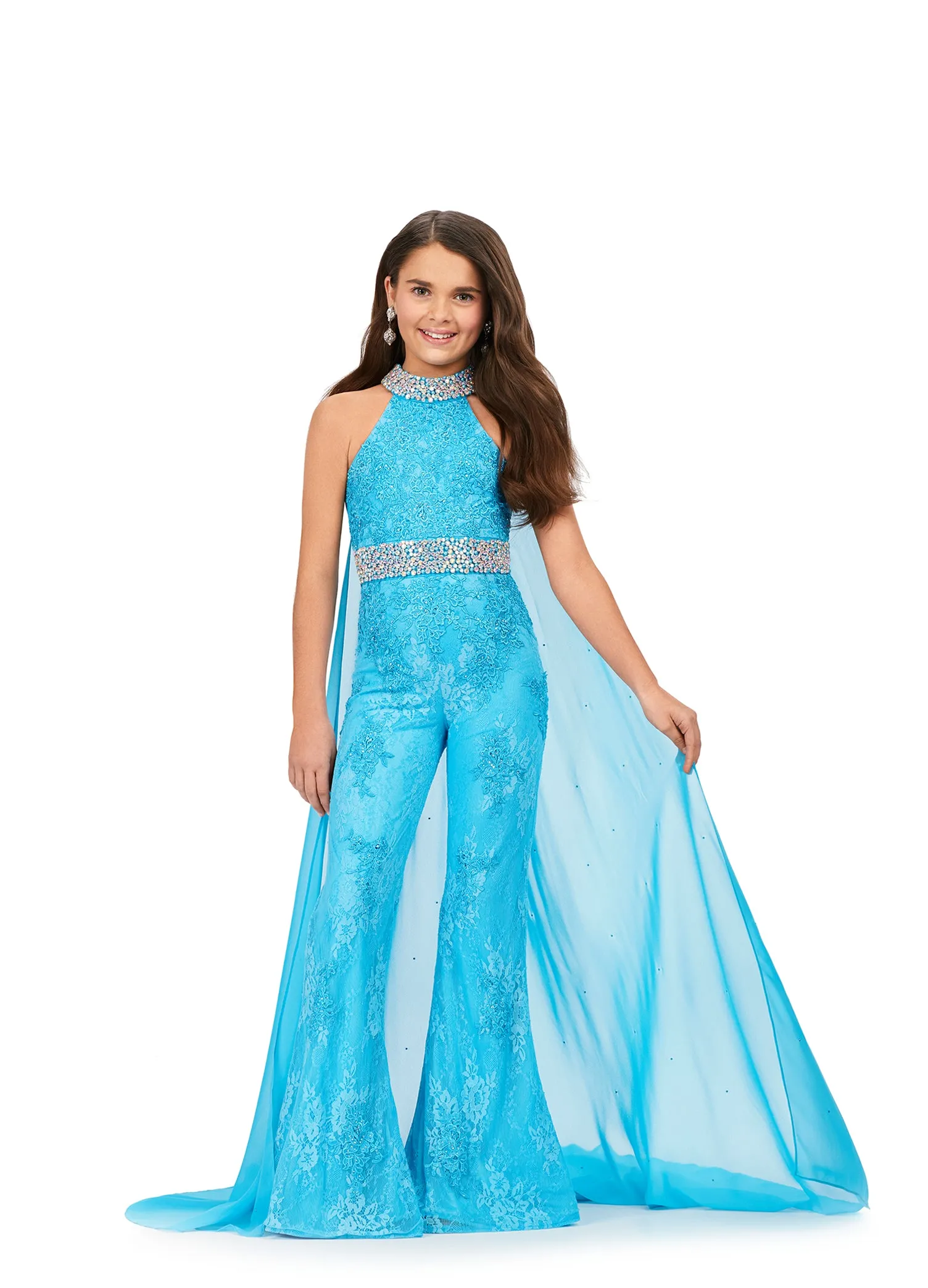 Ashley Lauren Kids 8225 Girls Lace Crystal Jumpsuit Cape Bell Bottom Pageant Fun Fashion Wear