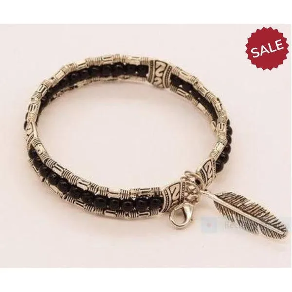 Black Bead Bohemian Feather Silver Bangle Small Bracelet