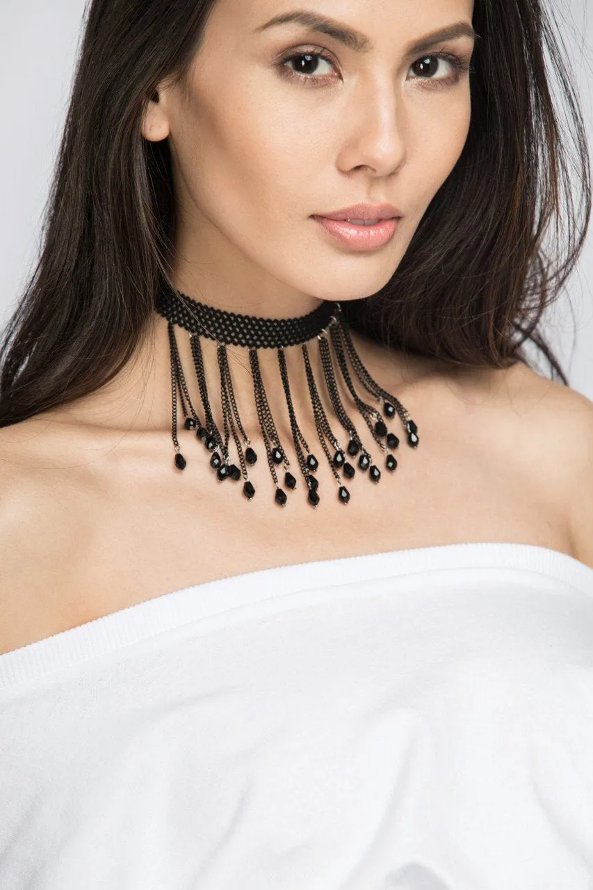 Black Charm Tassel Choker Necklace