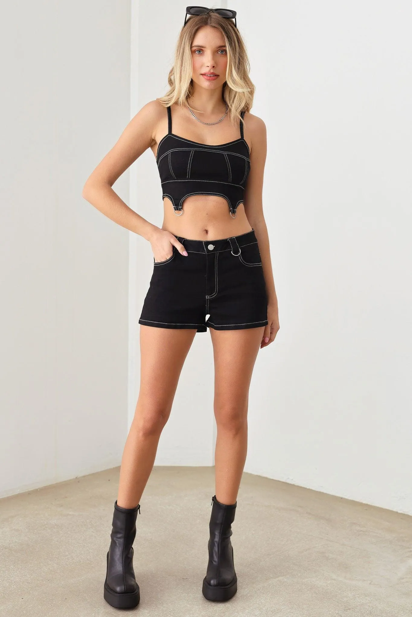 Black Stitching Crop Top & Stretchy Short Denim Set