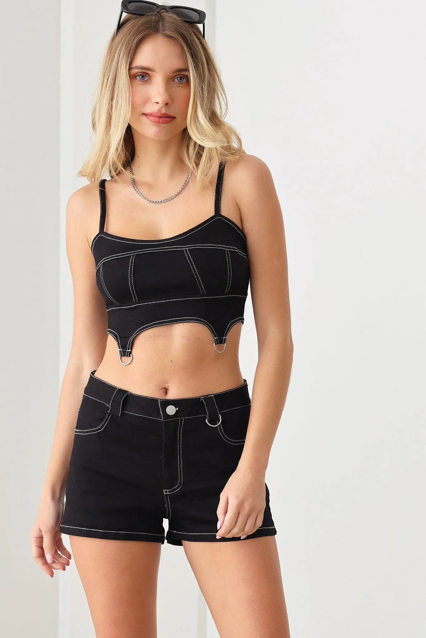 Black Stitching Crop Top & Stretchy Short Denim Set