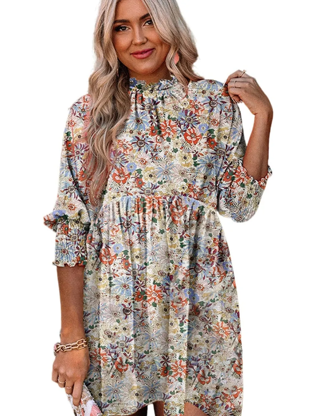 Bohemian Charm Purple Floral Frilled Neck Dress