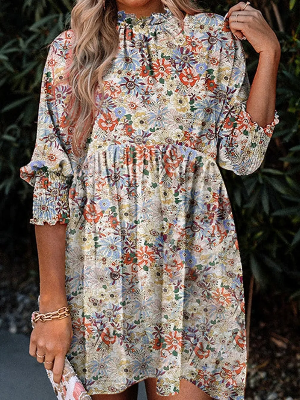 Bohemian Charm Purple Floral Frilled Neck Dress