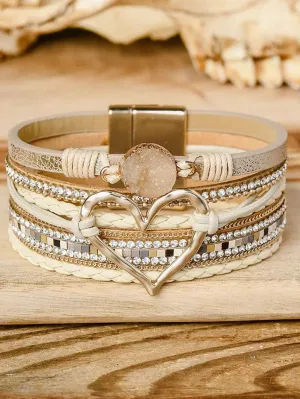 Bohemian Heart Rhinestone Beige Magnetic Closure Bracelet