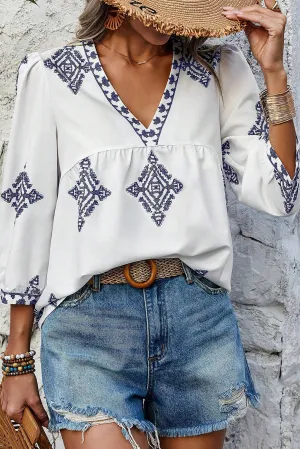 Boho Geometric 3/4 Sleeve V-Neck Blouse