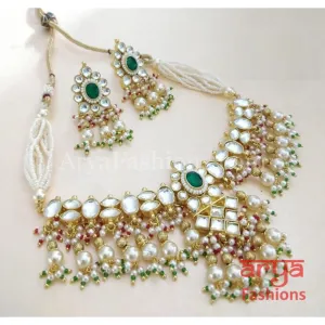 Bridal Pearl Emerald Ruby Kundan Choker Necklace with Earrings