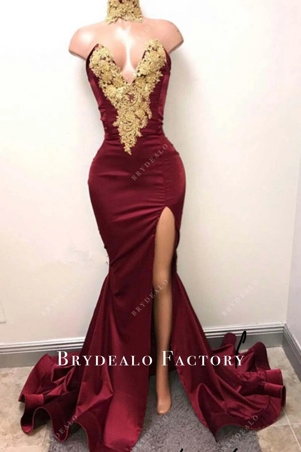 Burgundy Strapless Thigh Slit Mermaid Gold Lace Prom Dress