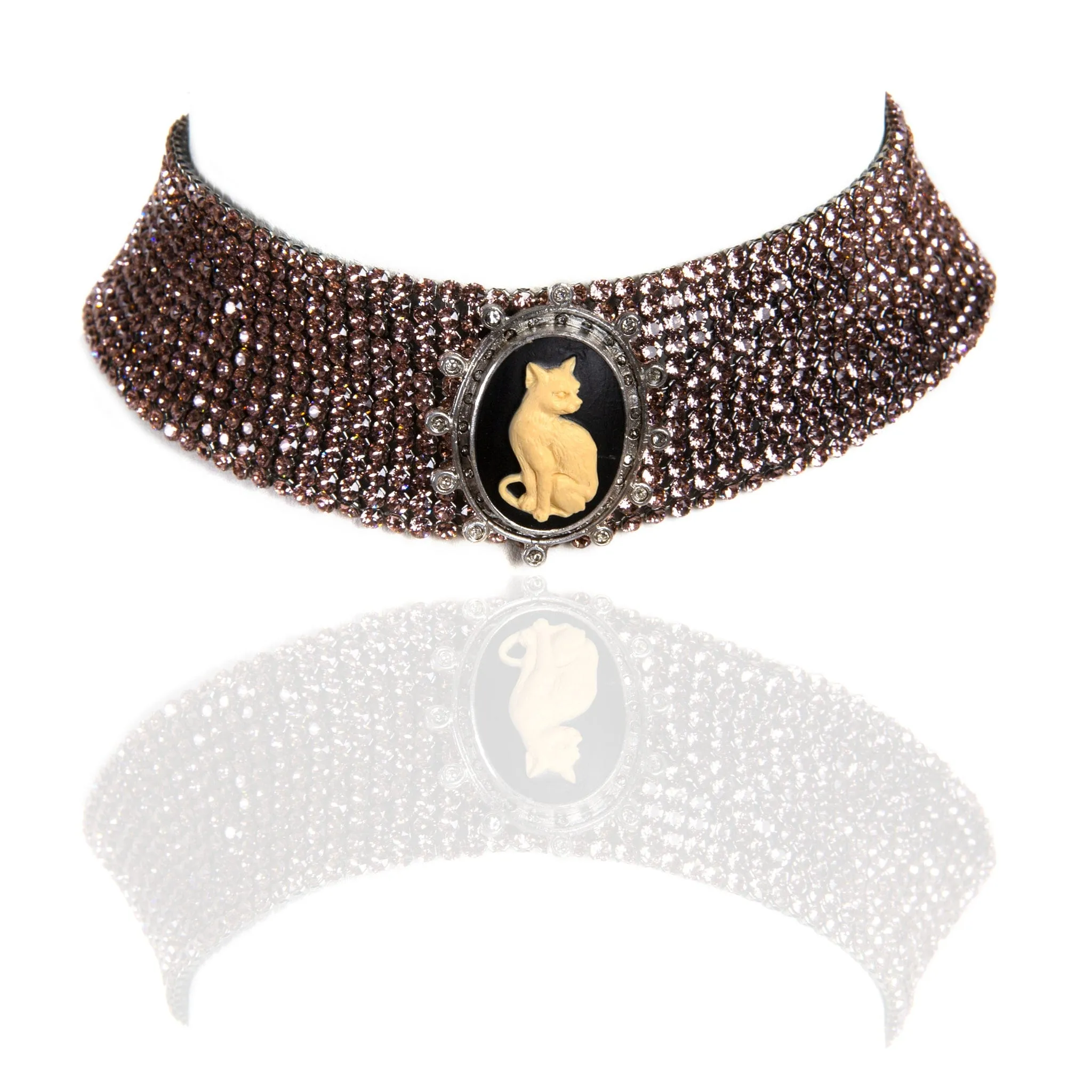 Cat Cameo Crystal Mesh Choker - Vintage Rose