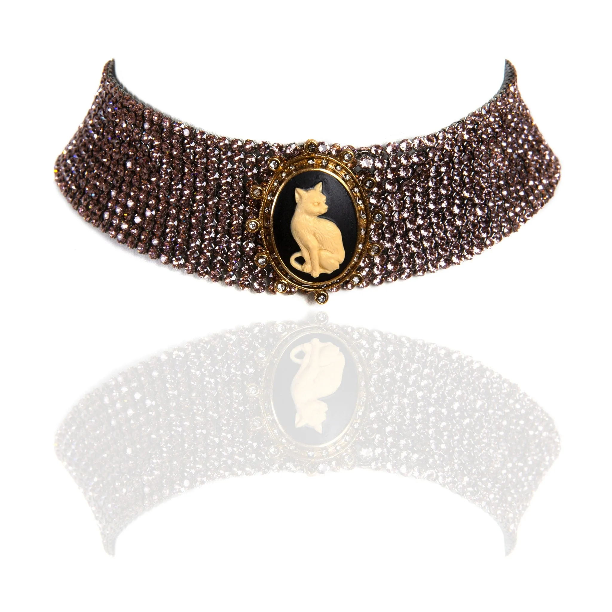 Cat Cameo Crystal Mesh Choker - Vintage Rose