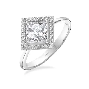 Classic Silver Rhodium Plated Lozenge Design Princess Cut CZ Halo Ring