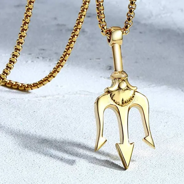 Classy Men Gold Poseidon Trident Pendant Necklace