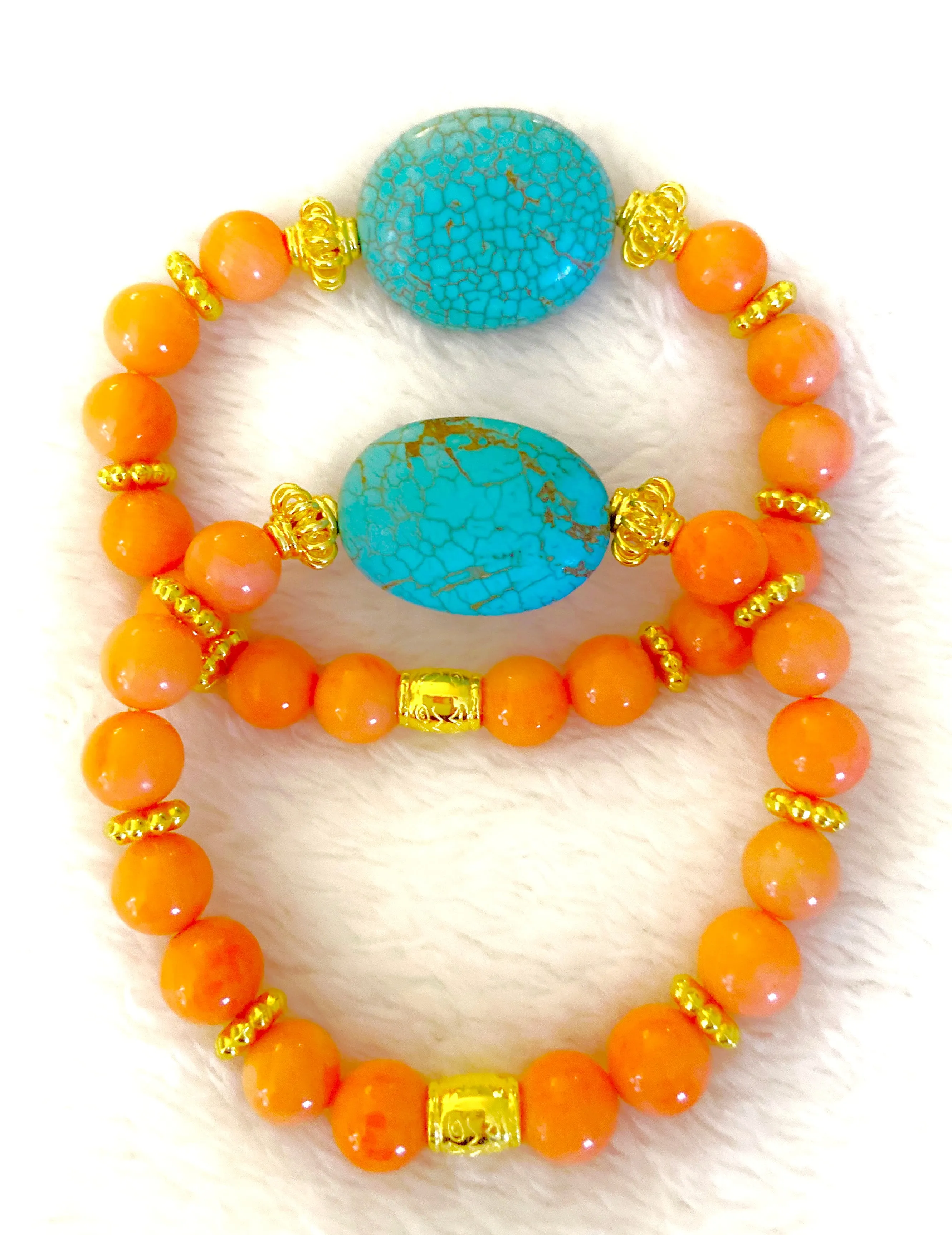 Coastal Coral & Turquoise Gemstone Beaded Bracelet