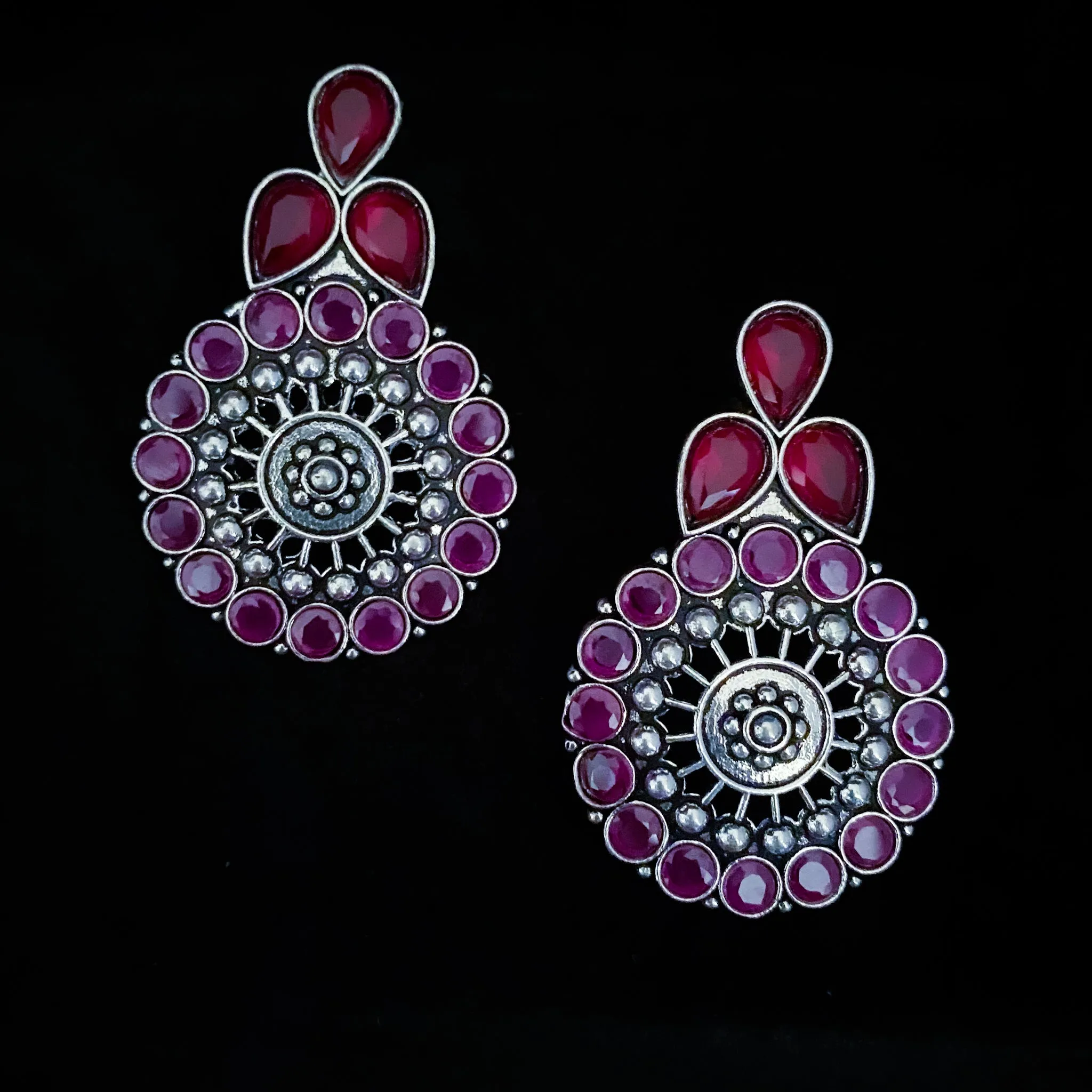 Contemporary Modern Trendy Oxidized Silver Earring with Ruby red stones