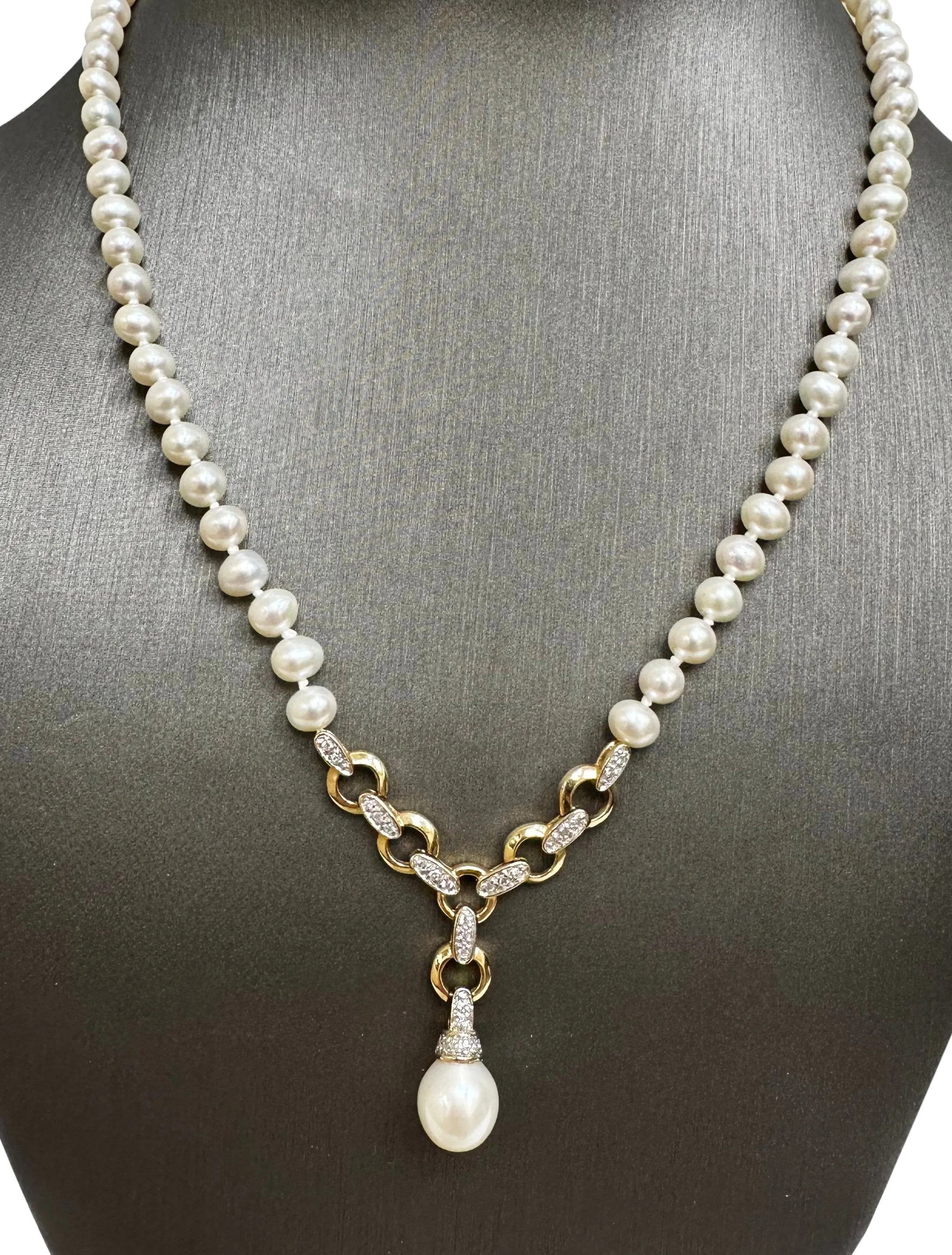 Cultured Pearl and Diamond Drop Necklace in 14 Karat Yellow & White Gold