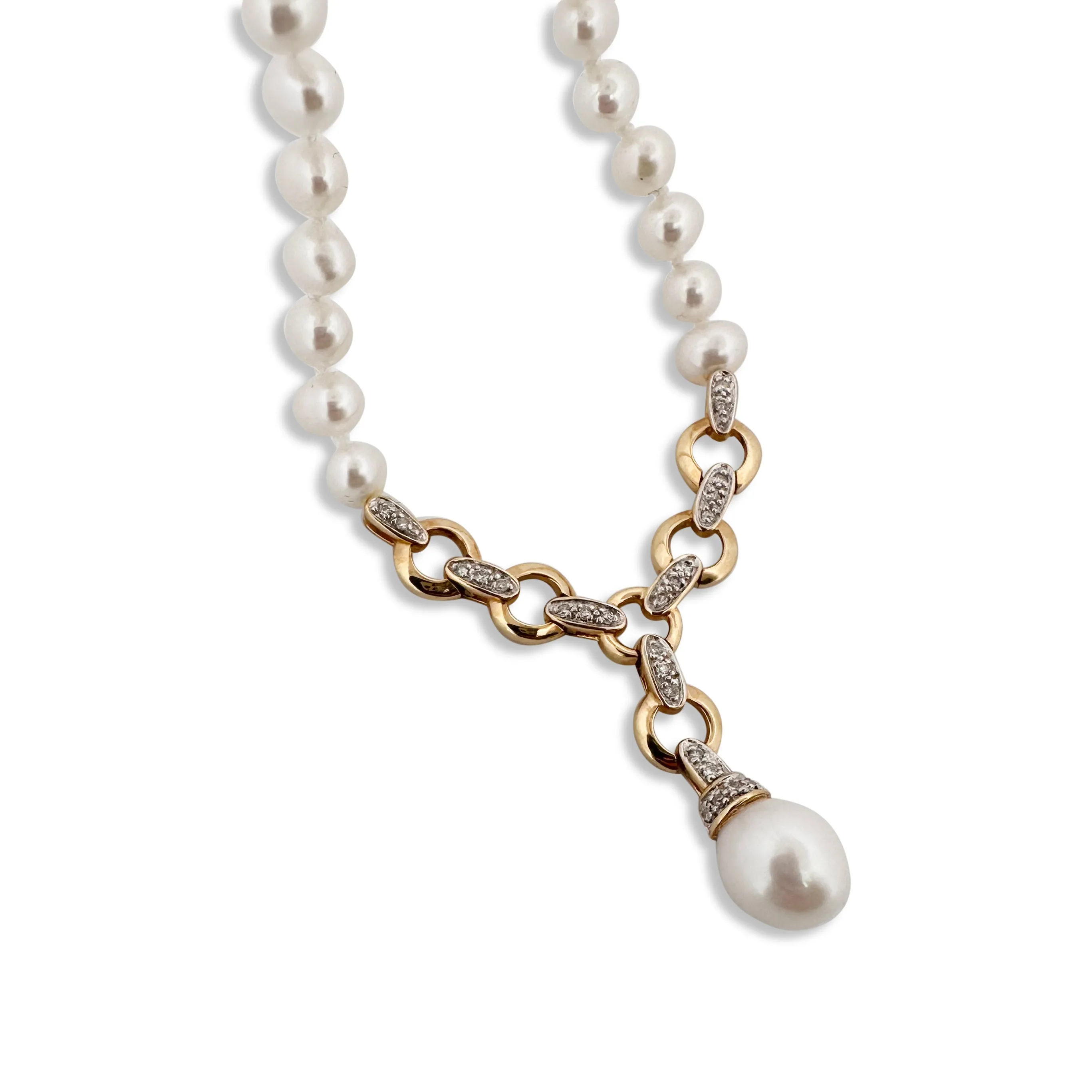 Cultured Pearl and Diamond Drop Necklace in 14 Karat Yellow & White Gold